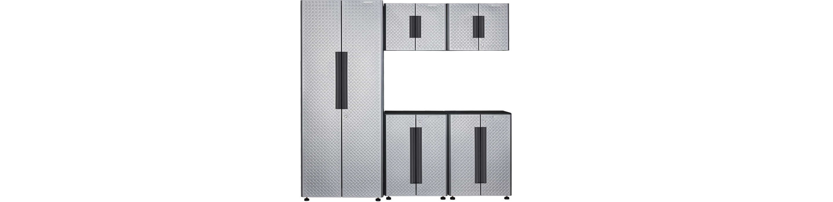 Un système d'armoires Gladiator Flex avec quatre armoires, dont deux armoires inférieures